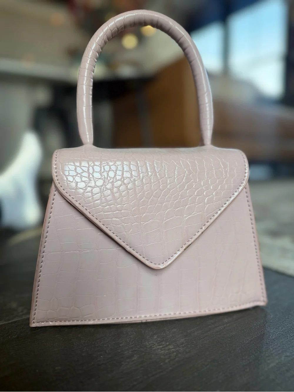 Croc-Embossed Top Handle Satchel in Blush Pink